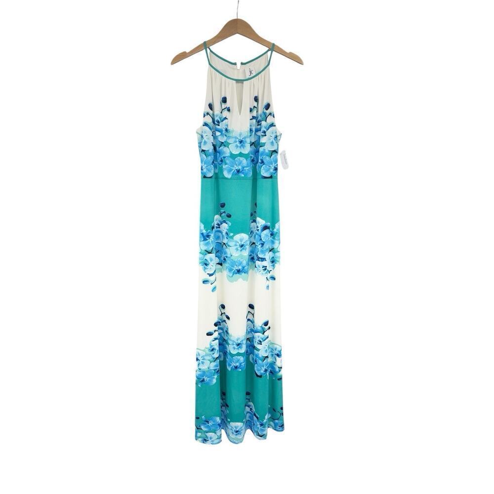 Julia Jordan White Green Blue Floral High Neck Maxi Dress Womens 12 New READ